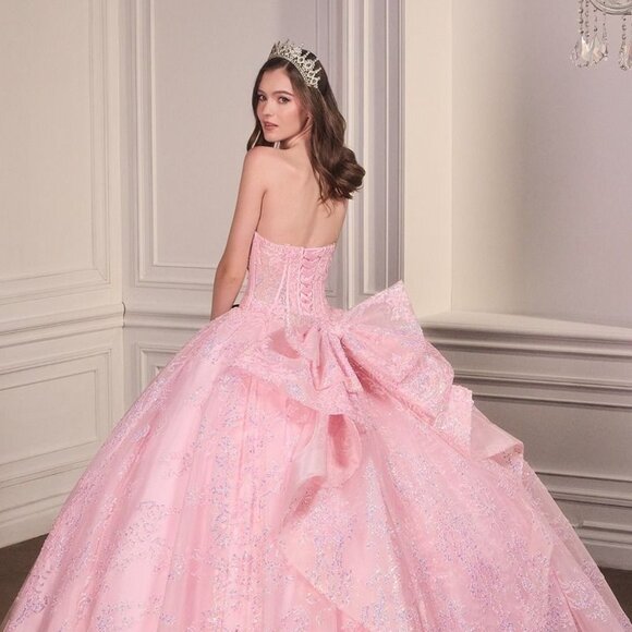 New Pink Strapless Layered Quinceanera Tulle Gown w/ Sequins Embroidery CD 15732 - Picture 6 of 10